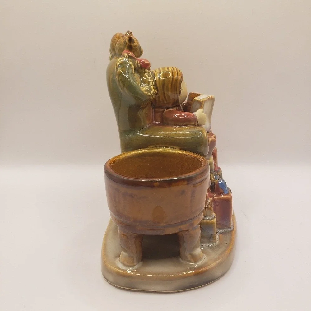 Ceramic Christmas Scene Candle‎ Holder Children Reading Cat on Chair Gifts